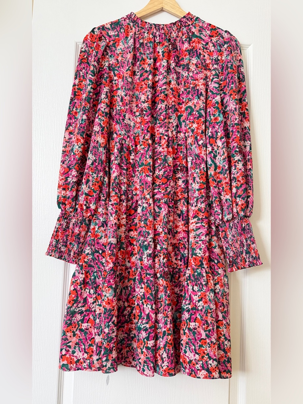 Maia Floral Tiered Mini Dress Size 6 Pink Red Green Long Sleeve Mock Neck